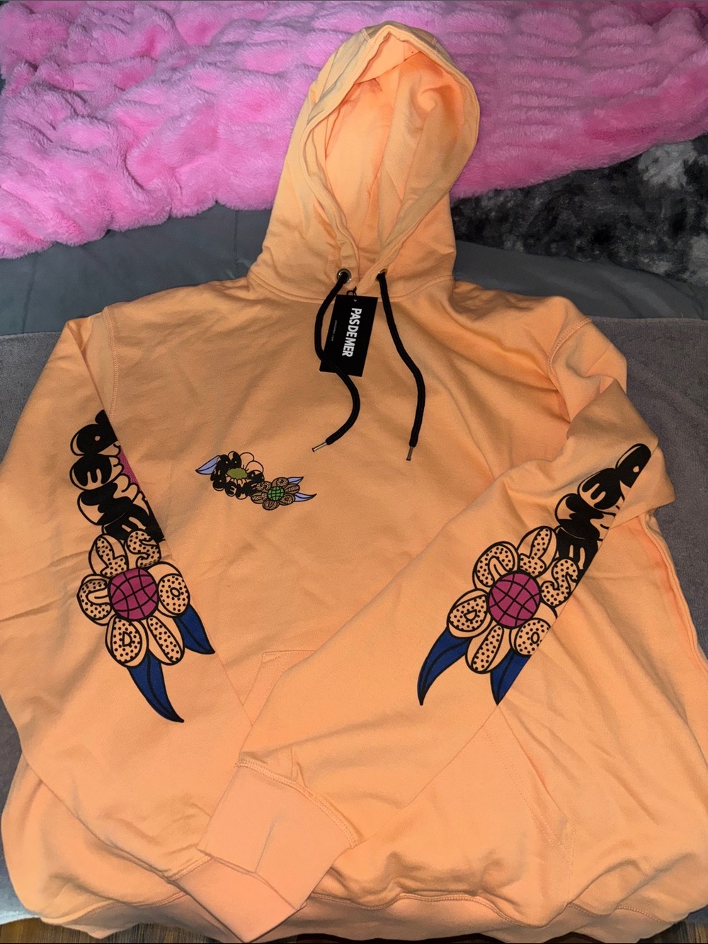 Peach Graphic Hoodie - Floral Sleeve Design